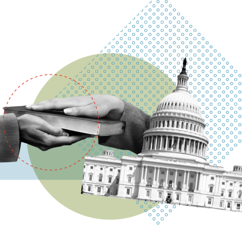 Collage illustration of the hand of a decision maker being sworn in, and the U.S. Capitol